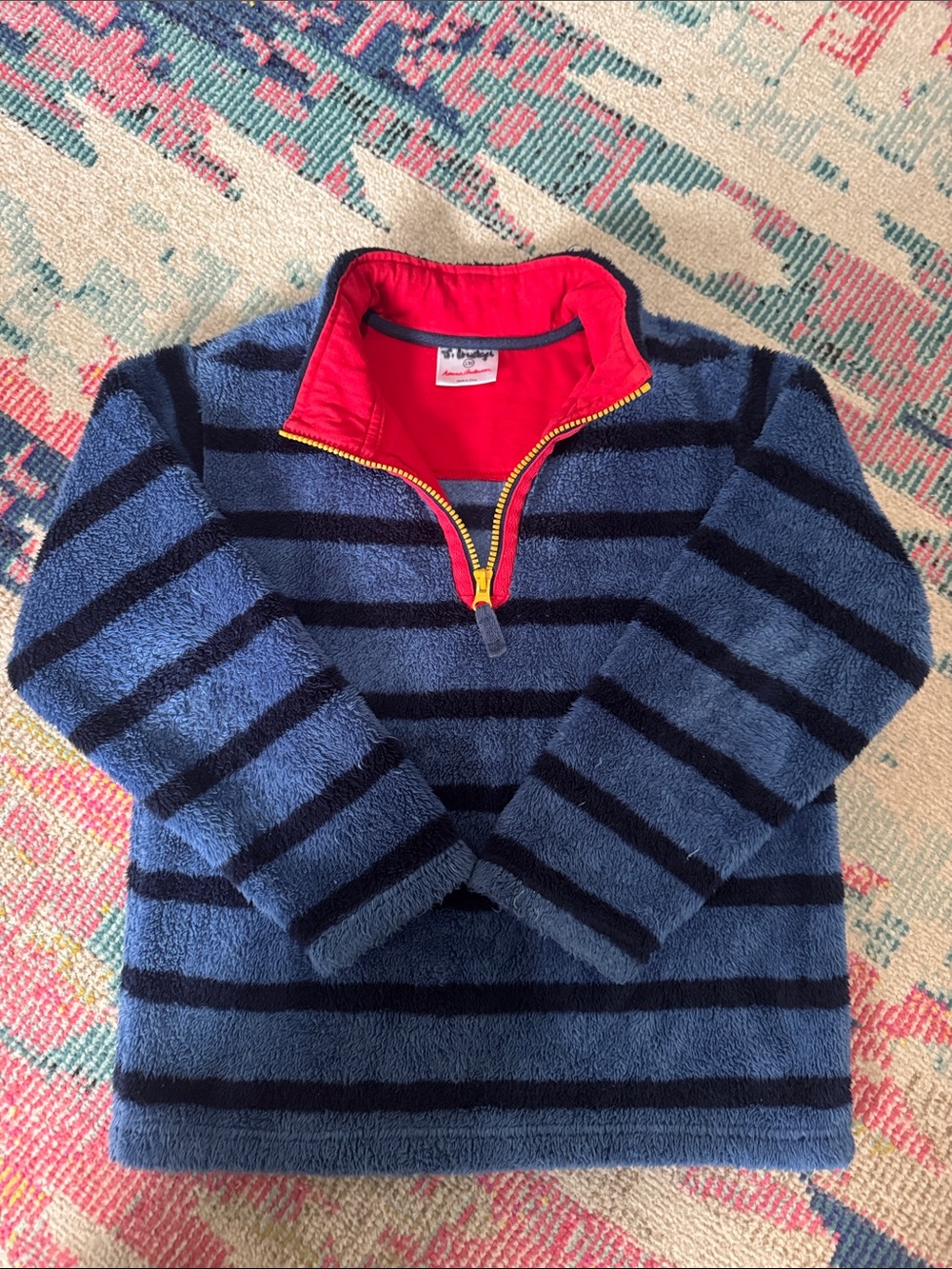 Hanna Andersson Blue and Navy Striped Plush Quarter-Zip Fleece Pullover